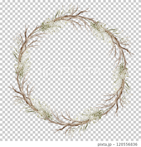Christmas wreath ornament with dry twig. Watercolor Winter Botanical Xmas frame. Vintage Border of fir branch, berries, plant on white background. Holiday illustration for Xmas design. Christmas wreath ornament with dry twig. Watercolor Winter Botanical Xmas frame. Vintage Border of fir branch, berries, plant on white background. Holiday illustration for Xmas design. 120556836
