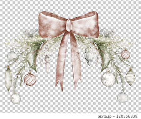 Christmas Vintage Watercolor wreath from fir with retro toys and a red bow. Winter Botanical Xmas frame. Drawing decoration of fir branch on white background. Holiday illustration for Xmas design. Christmas Vintage Watercolor wreath from fir with retro toys and a red bow. Winter Botanical Xmas frame. Drawing decoration of fir branch on white background. Holiday illustration for Xmas design. 120556839