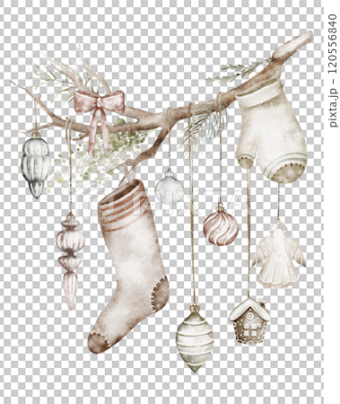 Watercolor illustration of hanging Christmas decoration on a dry wooden branch. Rustic handmade a with retro toys, mitten and sock. For seasonal, Christmas, or holiday-themed designs. Watercolor illustration of hanging Christmas decoration on a dry wooden branch. Rustic handmade a with retro toys, mitten and sock. For seasonal, Christmas, or holiday-themed designs. 120556840