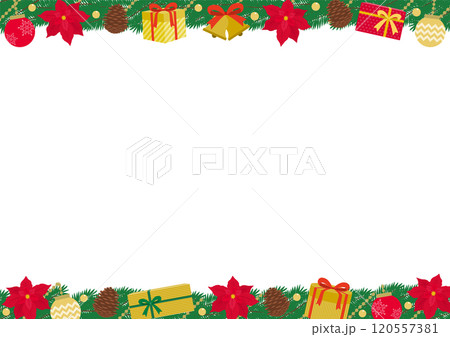 ベルやポインセチアで飾りつけた上下のクリスマスリースのフレームイラスト 120557381