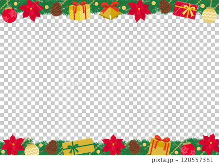 ベルやポインセチアで飾りつけた上下のクリスマスリースのフレームイラスト 120557381