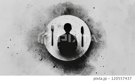 Human silhouette inside a dish with fork and knife representing consumerism 120557437