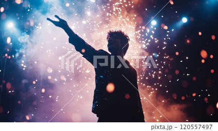 Singer performing on stage with fireworks and stage lights 120557497