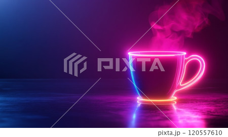 Steaming neon coffee cup on reflective surface with pink and blue lighting Steaming neon coffee cup on reflective surface with pink and blue lighting 120557610