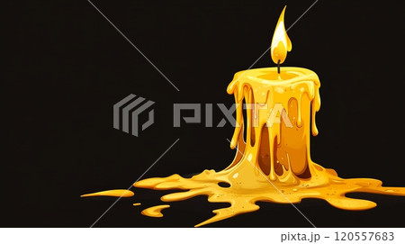 Burning candle melting on dark background creating a pool of wax 120557683