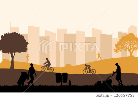Landscape silhouette of gardener with urban scenery. Vector illustration design template 120557755