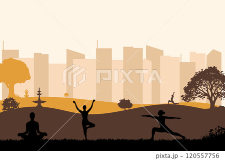 Landscape silhouette of relax meditation in the park city. Vector illustration design template 120557756