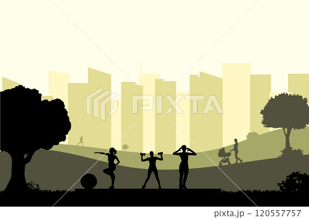 Landscape silhouette of morning exercise in the park city. Vector illustration design template 120557757