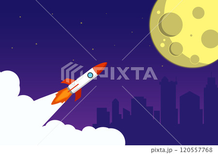 Background design of a flying rocket and moonlight above the city at night 120557768