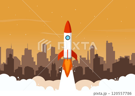 Background design of a rocket launching in the middle of a city with summer themed colors. A creative illustration concept of city growth. Background design of a rocket launching in the middle of a city with summer themed colors. A creative illustration concept of city growth. 120557786