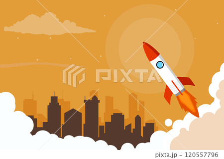 Background design of a rocket launching in the middle of a city with summer themed colors. A creative illustration concept of city growth. Background design of a rocket launching in the middle of a city with summer themed colors. A creative illustration concept of city growth. 120557796