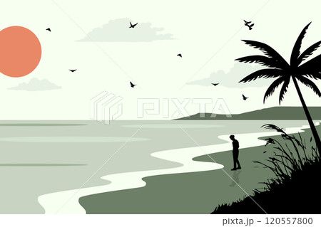 View of young man standing alone on the coast vector illustration poster design template 120557800
