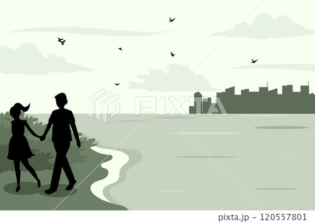 View of mother and daughter walking on the beach. Vector illustration poster design template 120557801