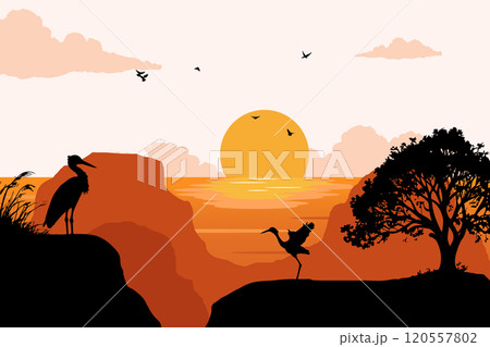 View of a heron on a lake cliff. Summer day vector illustration poster design template 120557802