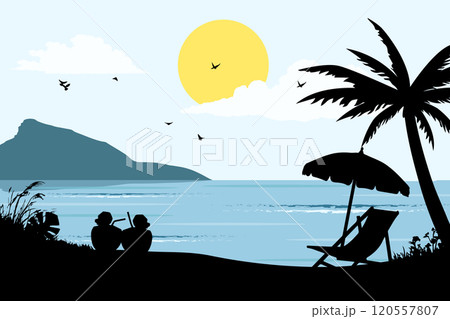 Beach tropical summer view silhouette background. Summer day vector illustration poster design template 120557807