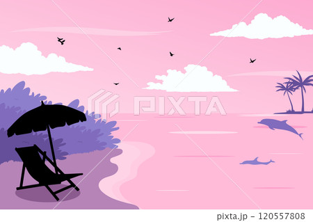 View of a lounge chair on the beach silhouette background. Summer day vector illustration poster design template View of a lounge chair on the beach silhouette background. Summer day vector illustration poster design template 120557808