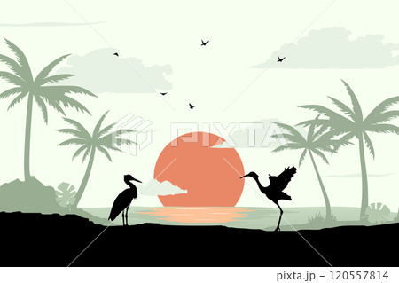 View of cranes against sunrise on the beach. Summer day vector illustration poster design template View of cranes against sunrise on the beach. Summer day vector illustration poster design template 120557814