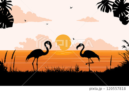 View of two flamingos standing romantically on the edge of the lake. Summer day vector illustration poster design template View of two flamingos standing romantically on the edge of the lake. Summer day vector illustration poster design template 120557818
