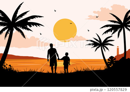 View of father and son walking towards the beach. Vector illustration poster design template 120557829