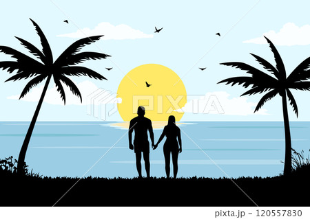 View of couple standing in beautiful sunset sky. Vector illustration poster design template 120557830