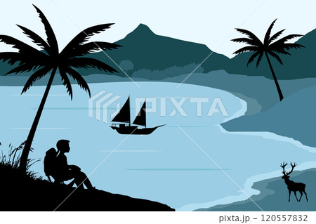 View of a small girl sitting quietly on the beach. Vector illustration poster design template View of a small girl sitting quietly on the beach. Vector illustration poster design template 120557832