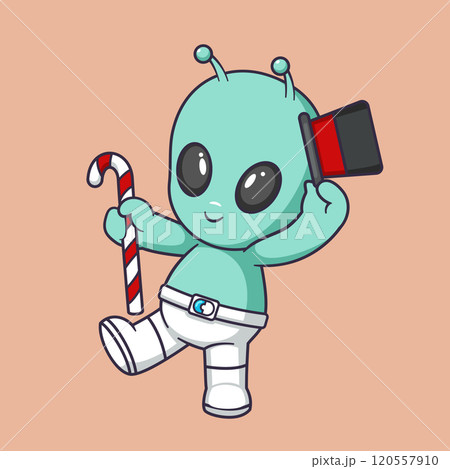 Cute alien posing with candy cane and magic hat Cartoon Vector Icon Illustration. Scene holiday Icon Concept Isolated Premium Vector Cute alien posing with candy cane and magic hat Cartoon Vector Icon Illustration. Scene holiday Icon Concept Isolated Premium Vector 120557910