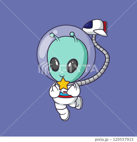 Cute alien wearing astronaut suit and holding a star Cartoon Vector Icon Illustration. Scene space Icon Concept Isolated Premium Vector 120557915