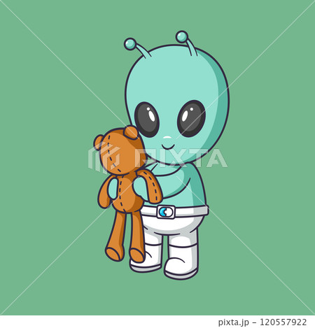 Cute alien playing a teddy bear Cartoon Vector Icon Illustration. Scene toys Icon Concept Isolated Premium Vector 120557922