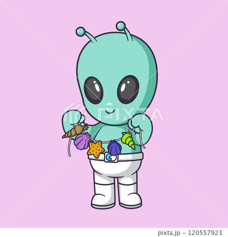 Cute aliens make a necklace from shells Cartoon Vector Icon Illustration. Scene toys Icon Concept Isolated Premium Vector 120557923