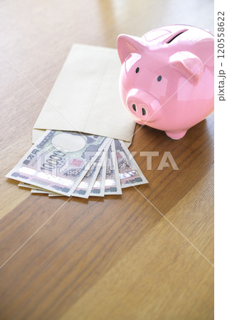 ブタの貯金箱と封筒に入れられたお札(新紙幣) ブタの貯金箱と封筒に入れられたお札(新紙幣) 120558622