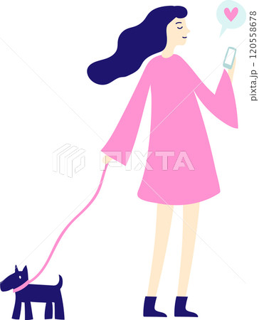 Joyful woman in a pink dress walks in the park with her dog, reading a love message on her smartphone, showing happiness and connection 120558678