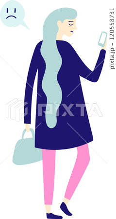 Sad woman with long blue hair and pink pants, holding a handbag and reading bad news on a mobile phone with a sad face in a speech bubble 120558731