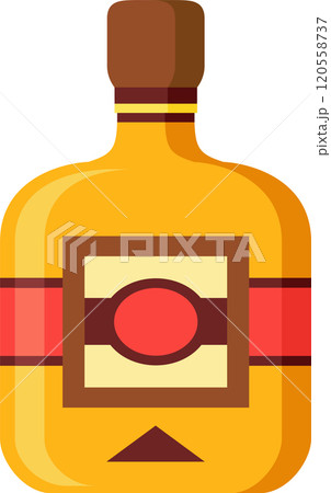 Full, unopened bottle of golden whiskey features a prominent red and cream label with a red circle at its center, set against a clean white backdrop Full, unopened bottle of golden whiskey features a prominent red and cream label with a red circle at its center, set against a clean white backdrop 120558737