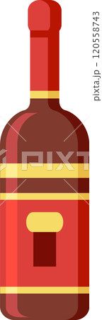 Red wine bottle with blank label, gold decorations, and red cap, standing upright against a white background, representing winemaking, celebration, and beverage industry 120558743