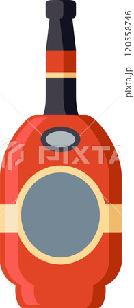 Red bottle of liquor, alcohol, or other beverage with blank label and black top standing upright against white background 120558746
