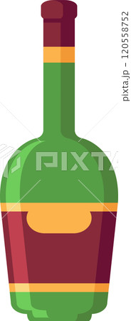 Stylized illustration featuring a green glass wine bottle with a prominent red label and a burgundy colored neck, creating a visually appealing representation of a classic wine bottle design 120558752