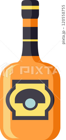 Orange alcohol bottle with abstract label on white background, symbolizing celebration and party vibes 120558755