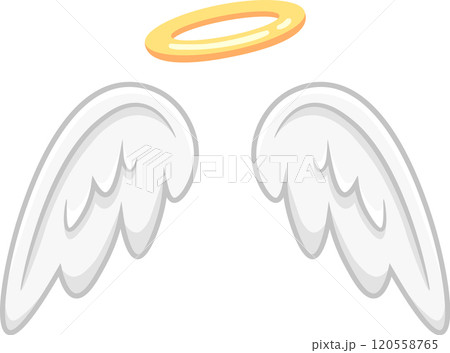 Whimsical and dreamy illustration of angel wings and a halo on a white background, symbolizing innocence and spirituality, evoking peace and hope. Ideal for religious or fantasy projects 120558765
