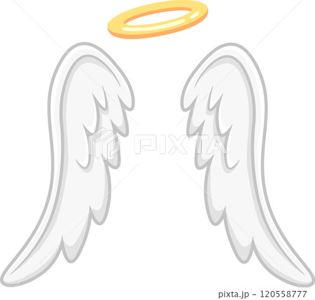 Cartoon illustration of white feathered angel wings with golden halo hovering above, representing purity, spirituality, and divine presence 120558777