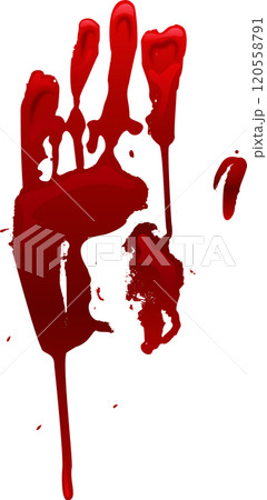 Red bloody hand print dripping blood against white background, creating a disturbing and eerie image suitable for halloween or crime scenes 120558791