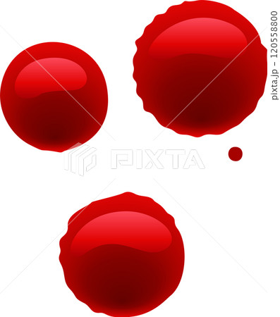 Three dripping, glossy red blood drops splattered on a white background create a dramatic and unsettling scene, evoking themes of injury, violence, or medical concepts 120558800