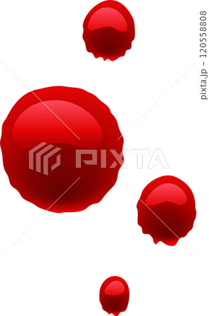 Four dripping blood stains of different sizes are creating a disturbing scene on a clean white background, perfect for halloween or medical projects 120558808