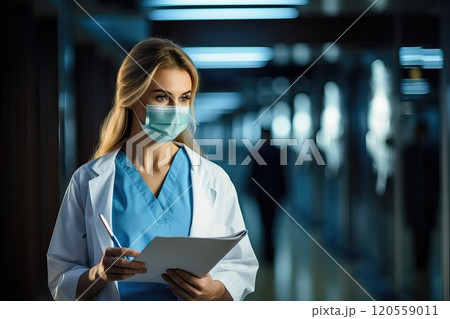 Female doctor in a mask with a folder in her hands against the background of a hospital corridor 120559011