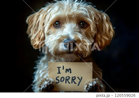 sad portrait of a dog holding a sheet with the inscription I am sorry sad portrait of a dog holding a sheet with the inscription I am sorry 120559026