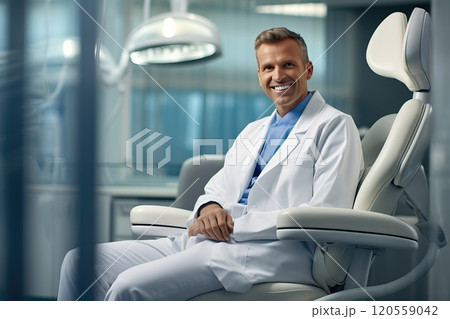 Dentist sitting in a dental office and smiling 120559042