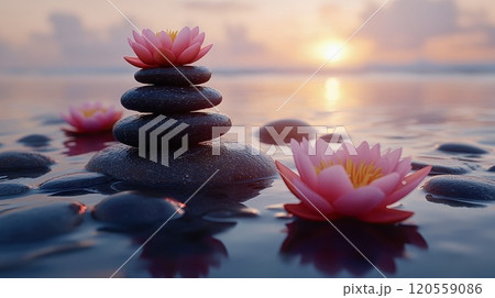 Photo of balanced stones stacked from the lotus flowers at the very top on beach at sunrise, symbolizing balance and tranquility 120559086