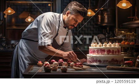 A male chef in an apron and cap prepares cakes against the background of the kitchen 120559119