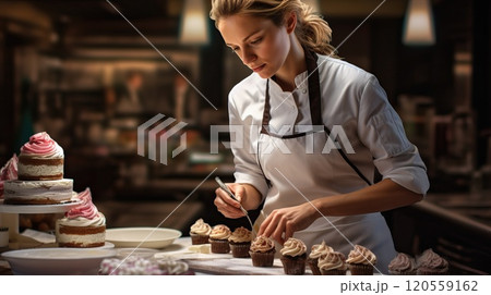 A woman cook in an apron and cap prepares cakes against the background of the kitchen 120559162