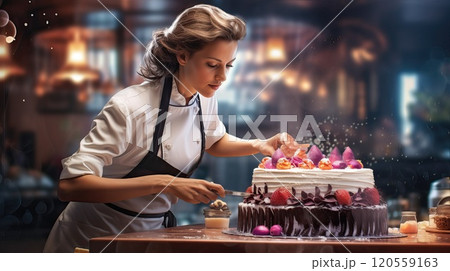 A woman cook in an apron and cap prepares cakes against the background of the kitchen 120559163