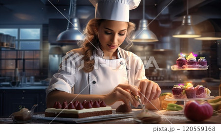A woman cook in an apron and cap prepares cakes against the background of the kitchen 120559168